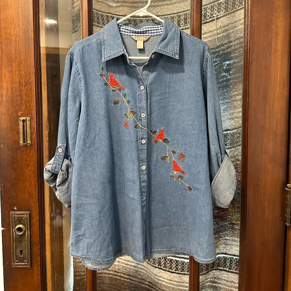 White Stag Blue Denim Shirt with Red Cardinal Bird Embroidery Winter Christmas